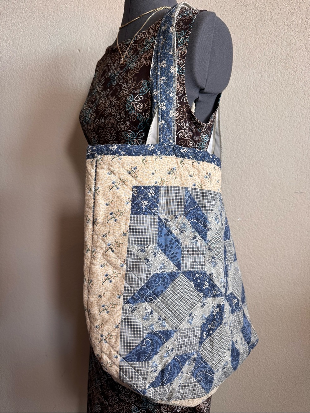 Handmade Blue Quilt Large Tote Bag Purse Quilted Blue Cream White